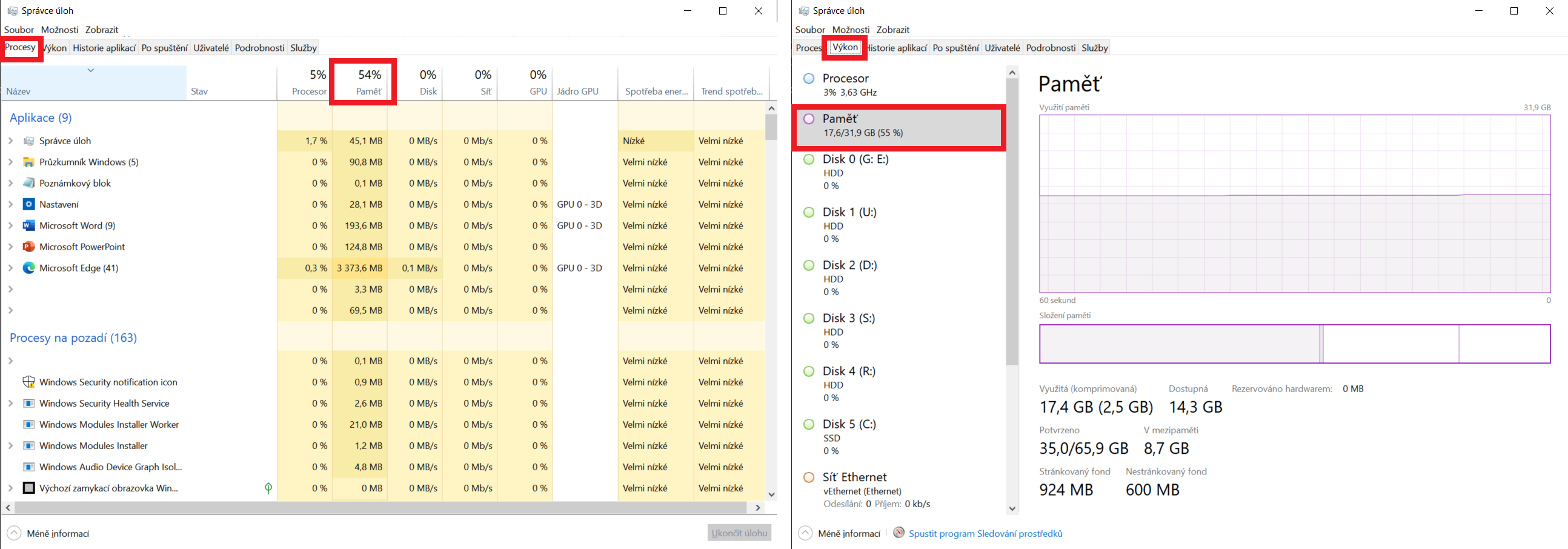 screenshot z pc ukazující kapacitu RAM: Správce úloh