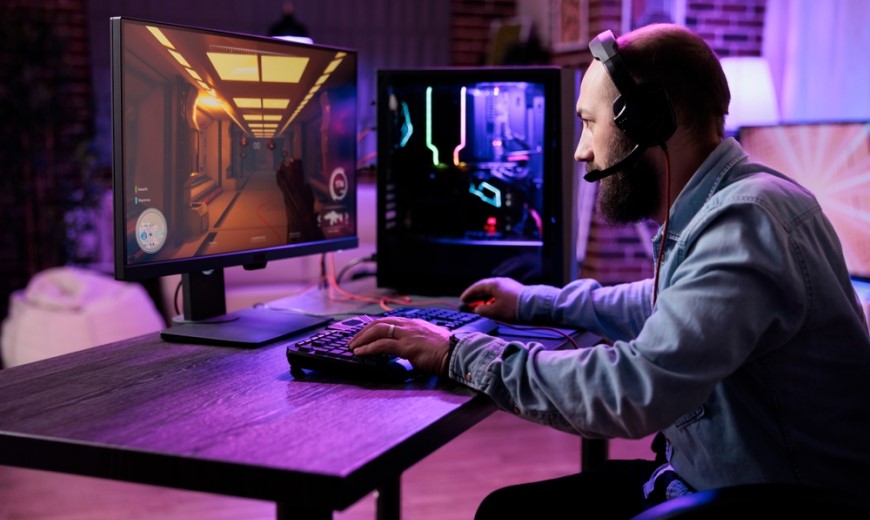 Muž s headsetem na hlavě, který hraje hry na PC