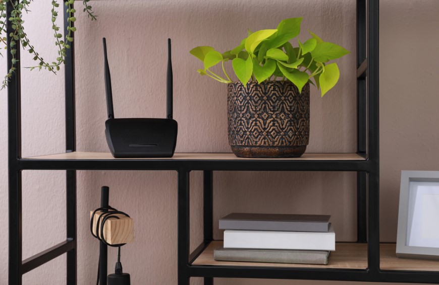 Jak propojit dva routery? Wi-Fi router umístěný v knihovně společně s květinou, dekorací a knihami