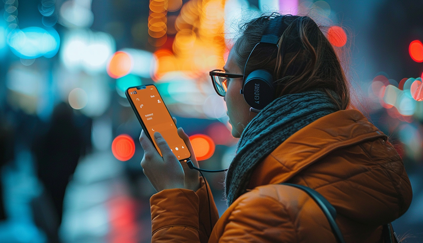 Jak skrýt číslo? Žena se sluchátky a v zimní bundě před sebou drží mobilní telefon. Na displeji vidíme probíhající hovor,