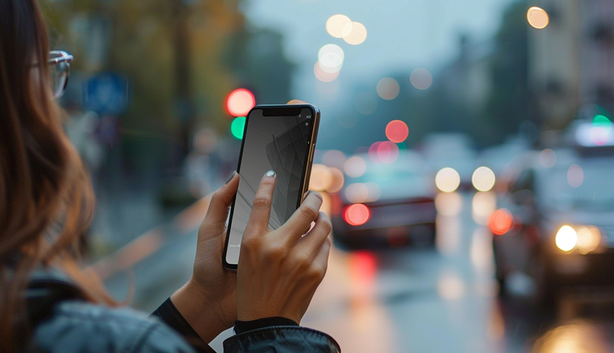 Jak skrýt číslo? Žena se dívá na displej svého chytrého mobilního telefonu. V pozadí je ulice města s projíždějícími auty.
