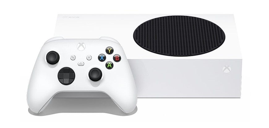 Xbox Series S v bílém provedení, vedle konzoe leží Xbox Controller