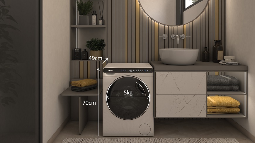 Kompaktní pračky Haier Mini Drum a Candy Mini Aqua najdou místo všude bílá minipračka haier v koupelně s naznačenými rozměry