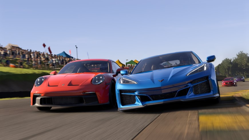 červené a modré sportovní auto ve hře Forza Motorsport