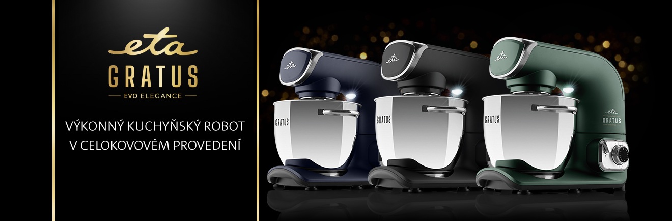 Který kuchyňský robot ETA Gratus vybrat? Modrý kuchyňský robot ETA Gratus Evo Elegance postavený na kuchyňské lince v interiéru tmavě modré kuchyně
