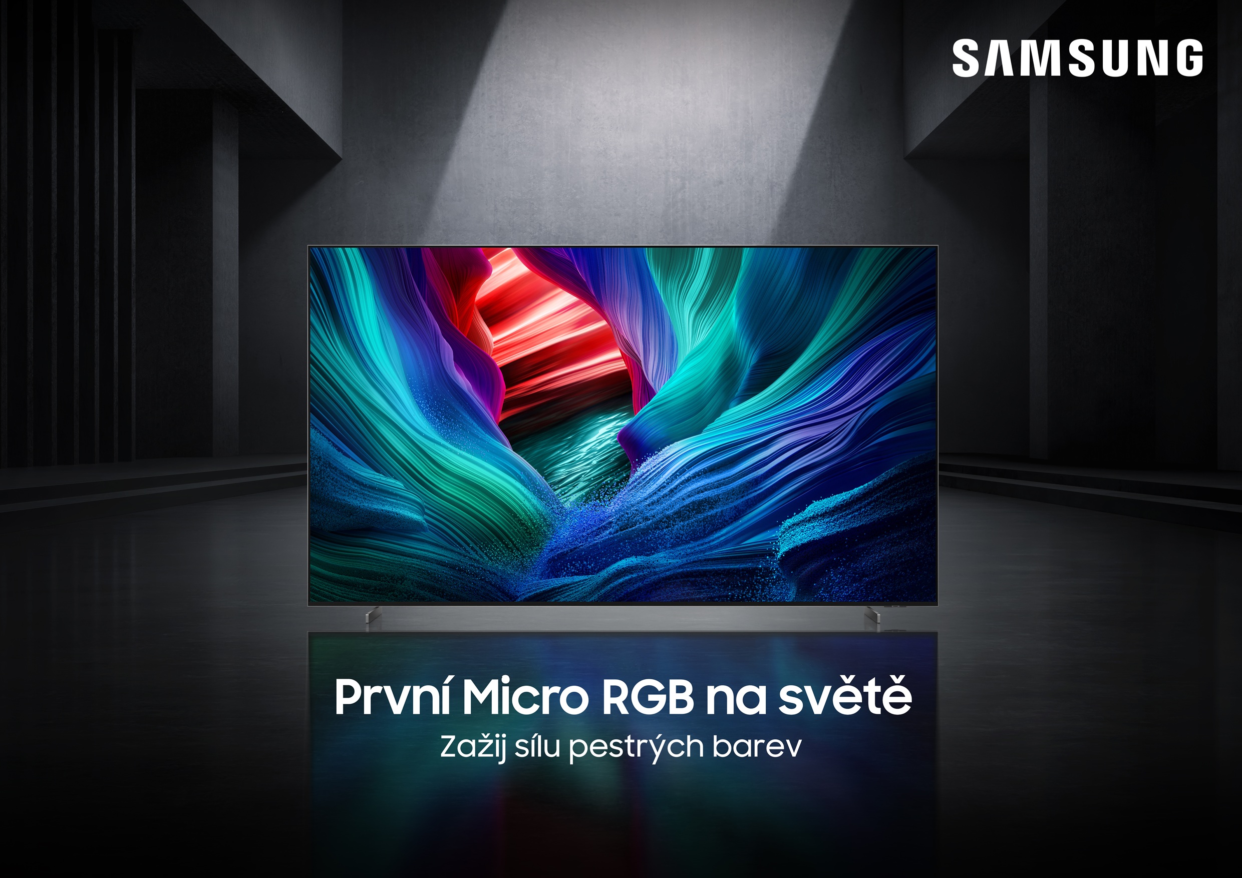 Televize Samsung Micro RGB, model MRE115MR95F, nápis První Micro RGB na světě, podnadpis Zažij sílu pestrých barev.