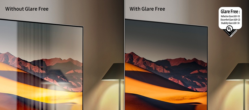 Vlevo běžná televizní obrazovka vedle stojací lampy, na obrazovce se odráží světlo lampy, nápis Without Glare Free; vpravo obrazovka s matnou úpravou Glare Free vedle stejné stojací lampy, obrazovka je zcela bez odlesků, nápis With Glare Free.