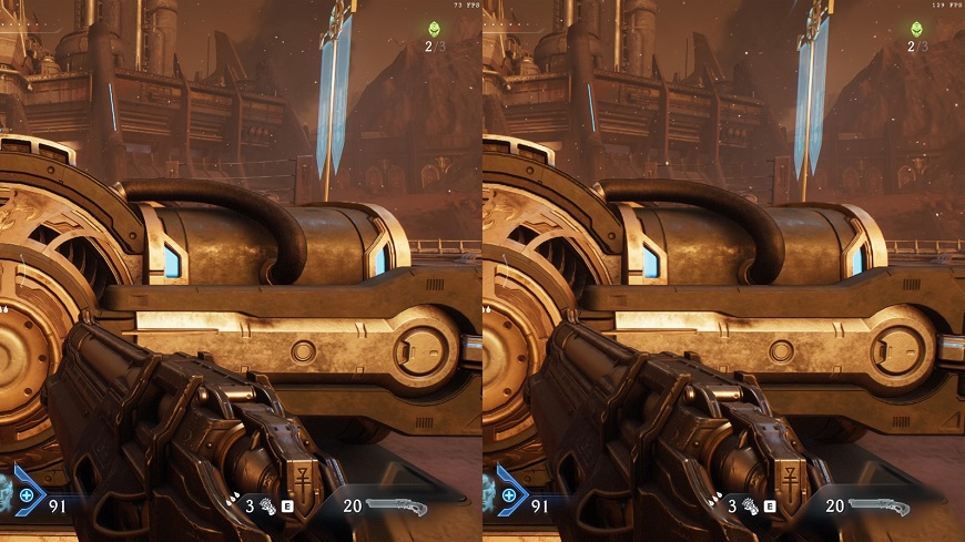 Obrázek ze hry názorně srovnávající režimy DLSS kvalita a ultra výkon ve 4K