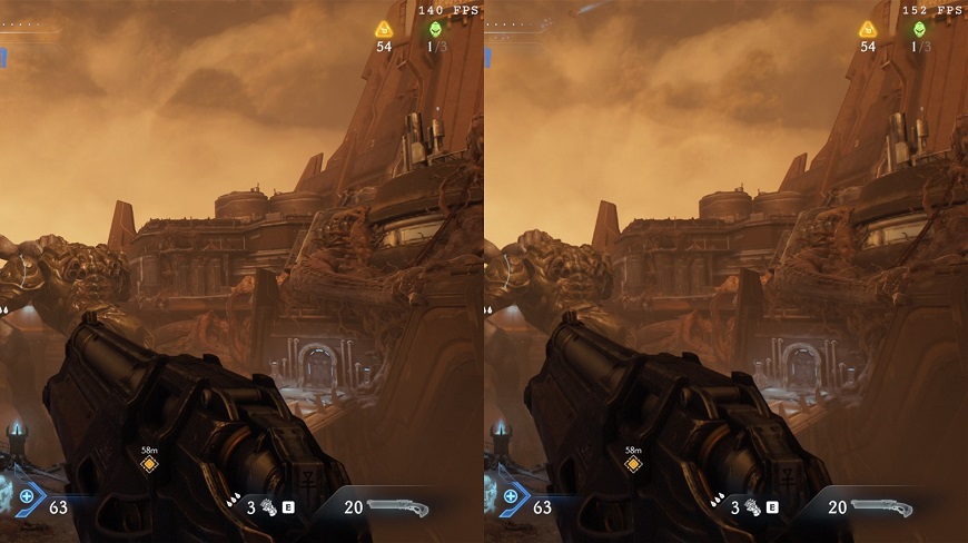 Obrázek ze hry názorně srovnávající režimy DLSS kvalita a ultra výkon ve FullHD