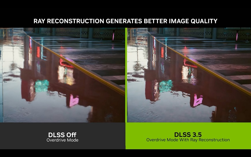 Ukázkové srovnání využití Ray Reconstruction pomocí DLSS 3.5