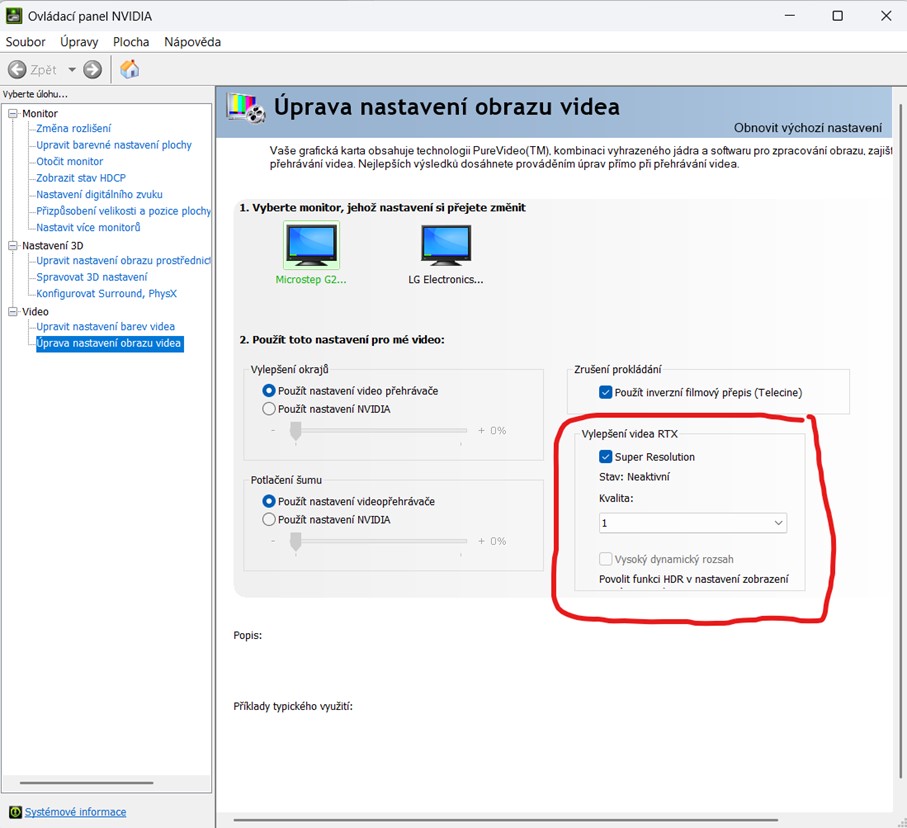 Ukázka ovladacího panelu nVidia ve Windows