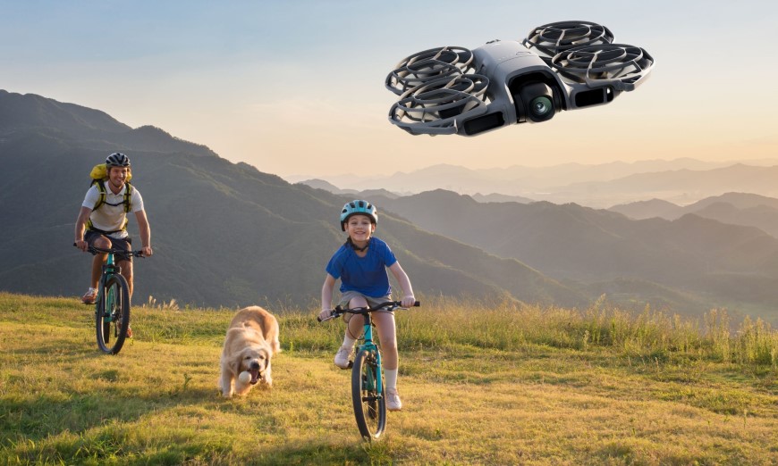 Nový DJI Neo 2: Malý dron se 4K kamerou a všesměrovou detekcí překážek Rodina využívá dron DJI Neo 2 na cyklovýletě