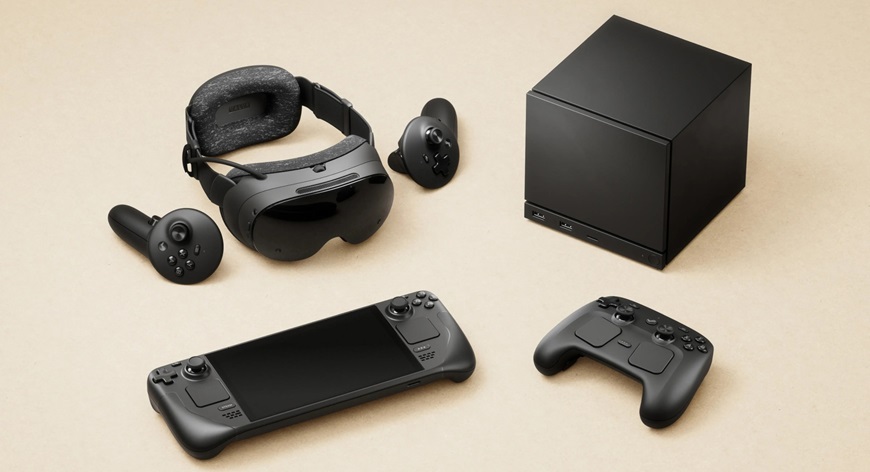 Herní počítač Steam Machine, ovladač Steam Controller 2 a VR headset Steam Frame