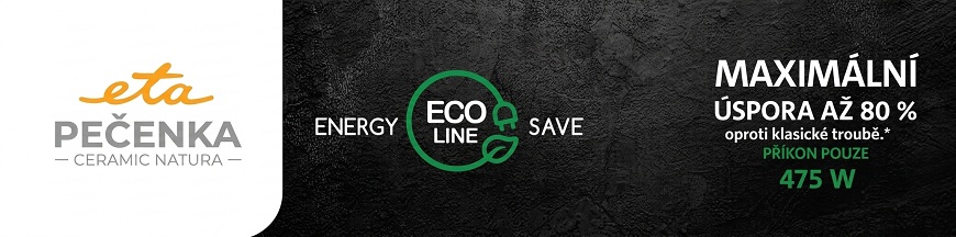Pečenky ETA Ceramic Natura: Když pečení hraje barvami Banner ETA Pečenka se štítkem ECO LINE popisující úsporu energie až 80 % oproti troubě. Příkon pouze 475 W