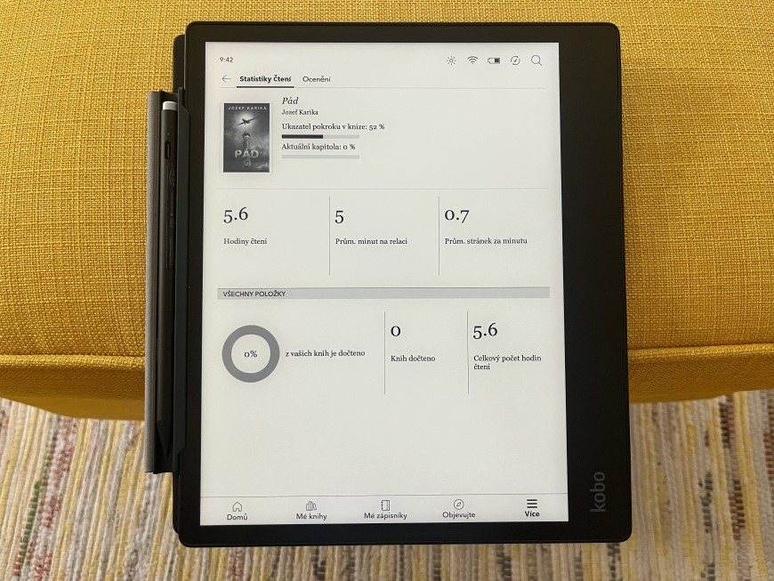 displej čtečka e-knih Kobo Elipsa 2E ukazující statistiky čtení
