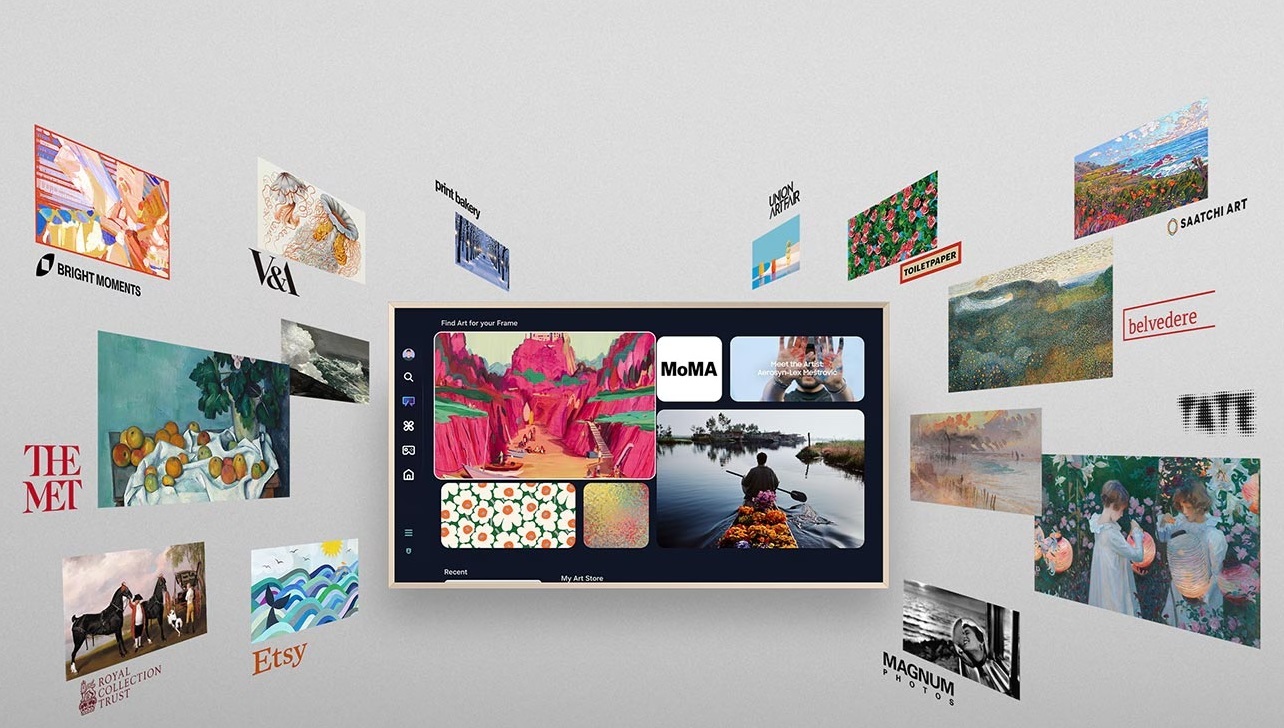 Aplikace na Samsung TV, které posunou vaši televizi na nový level zábavy Obrazovka televize Samsung s aplikací Art Store, kolem obrazovky jsou obrázky různých uměleckých děl a loga galerií