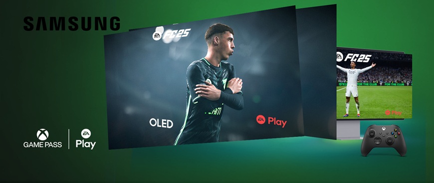 Aplikace na Samsung TV, které posunou vaši televizi na nový level zábavy Tři obrazovky za sebou zachycují záběry z EA Sports her, vpravo dole je ovladač na Xbox, v levém horním rohu logo Samsung, v levém spodním rohu logo Xbox Game Pass a EA Play