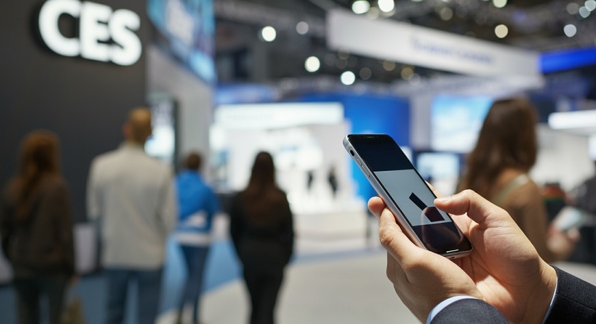 Co přinese největší technologický veletrh CES 2026? pán držící v ruce mobilní telefon na CES