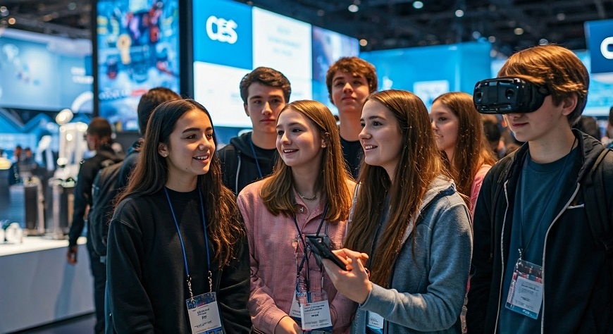 Co přinese největší technologický veletrh CES 2026? Teenageri testující virtuální realitu na CES