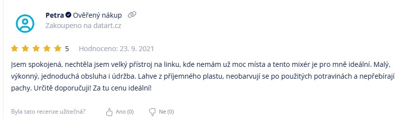 TOP 10 nejlepších dárků značky ETA Screenshot zákaznické recenze na mixér ETA ActivMix Team: uživatelka Petra hodnotí produkt 5 hvězdičkami a uvádí, že je spokojená, protože je mixér malý, výkonný a jednoduchý na obsluhu i údržbu. Jeho lahve jsou z příjemného plastu, které se neobarvují a nepohlcují pachy