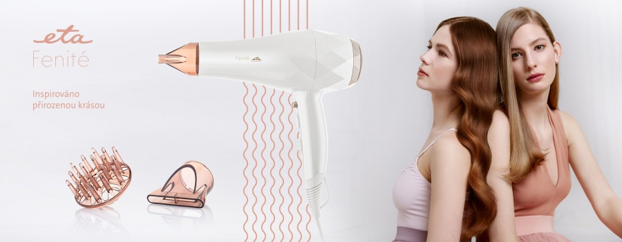 TOP 10 nejlepších dárků značky ETA Fén ETA Fenité v bílé a rose gold barvě s difuzérem a koncentrátorem, inspirovaný přirozenou krásou, se dvěma modelkami s dlouhými vlasy