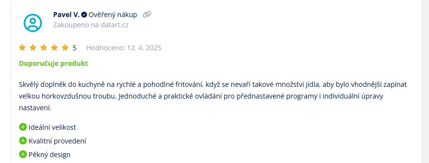 TOP 10 nejlepších dárků značky ETA Screenshot zákaznické recenze na horkovzdušnou fritézu ETA Vista Digi: uživatel Pavel V. hodnotí produkt 5 hvězdičkami a uvádí, že se jedná o skvělou a úspornou náhradu klasické trouby, chválí jednoduché a praktické ovládání, velikost, provedení a design