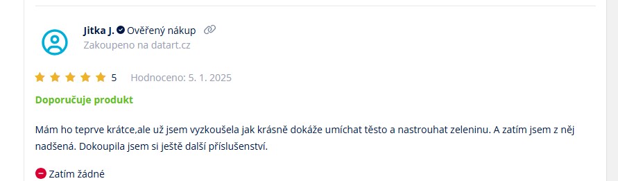 TOP 10 nejlepších dárků značky ETA Screenshot zákaznické recenze na kuchyňský robot ETA Gratus Evo Origin: uživatelka Jitka J., hodnotí produkt 5 hvězdičkami a uvádí, že přístroj dobře míchá těsto i strouhá zeleninu. Recenze doporučuje produkt a neuvádí žádné nevýhody