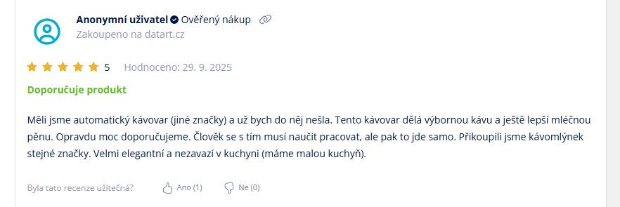 TOP 10 nejlepších dárků značky ETA Screenshot zákaznické recenze na pákový kávovar ETA Stretto: anonymní uživatel hodnotí produkt 5 hvězdičkami a uvádí, že kávovar dělá skvělou kávu a mléčnou pěnu, je velmi elegantní a nepřekáží v kuchyni