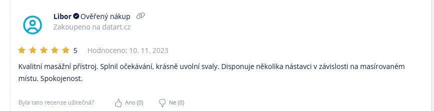 TOP 10 nejlepších dárků značky ETA Screenshot zákaznické recenze na masážní pistoli ETA: uživatel Libor, hodnotí produkt 5 hvězdičkami a uvádí, že se jedná o kvalitní masážní přístroj, který krásně uvolní svaly a disponuje několika nástavci