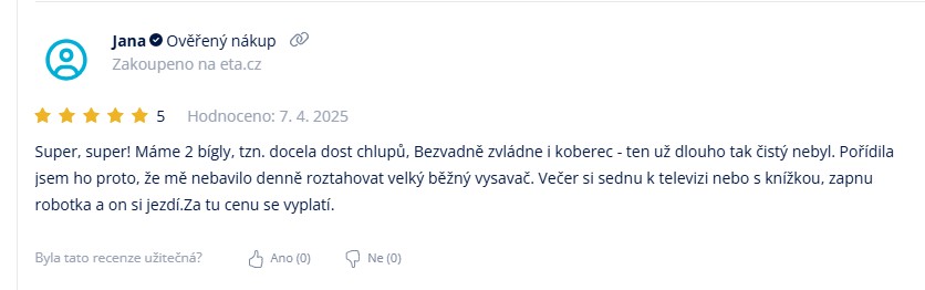 TOP 10 nejlepších dárků značky ETA Screenshot zákaznické recenze na pákový kávovar ETA Rover: uživatelka Jana hodnotí produkt 5 hvězdičkami a uvádí, že vysavač skvěle vysává psí chlupy i z koberce, vysávání je pohodlné a bez práce