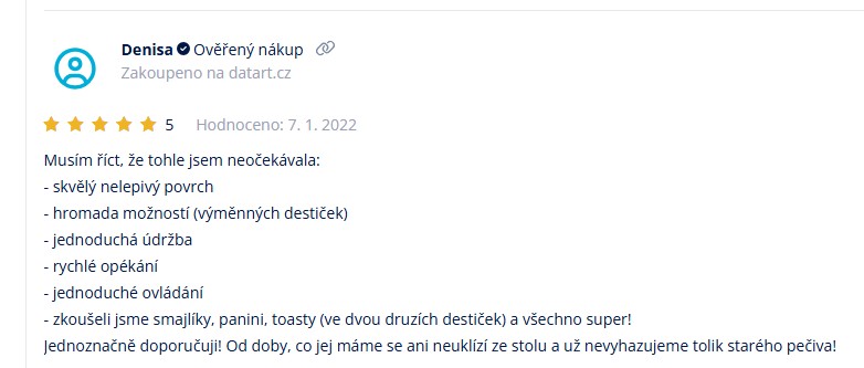 TOP 10 nejlepších dárků značky ETA Screenshot zákaznické recenze na sendvičovač ETA Sorento Plus: uživatelka Denisa hodnotí produkt 5 hvězdičkami a jako výhody uvádí nelepivý povrch, multifunkčnost, jednoduchou údržbu, rychlé opékání a snadné ovládání