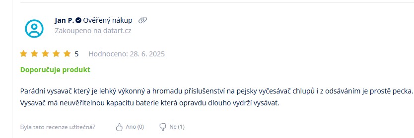 TOP 10 nejlepších dárků značky ETA Screenshot zákaznické recenze na tyčový vysavač ETA Terier: uživatel Jan P., hodnotí produkt 5 hvězdičkami a uvádí, že se jedná o parádní lehký výkonný vysavač s hromadou příslušenství na pejsky. Vysavač má dlouhou kapacitu baterie