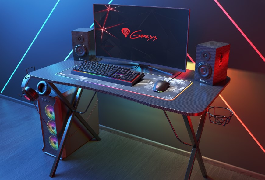 Herní stůl Genesis HOLM 200 RGB s herním počítačem, reproduktory, klávesnicí, myší a sluchátkami