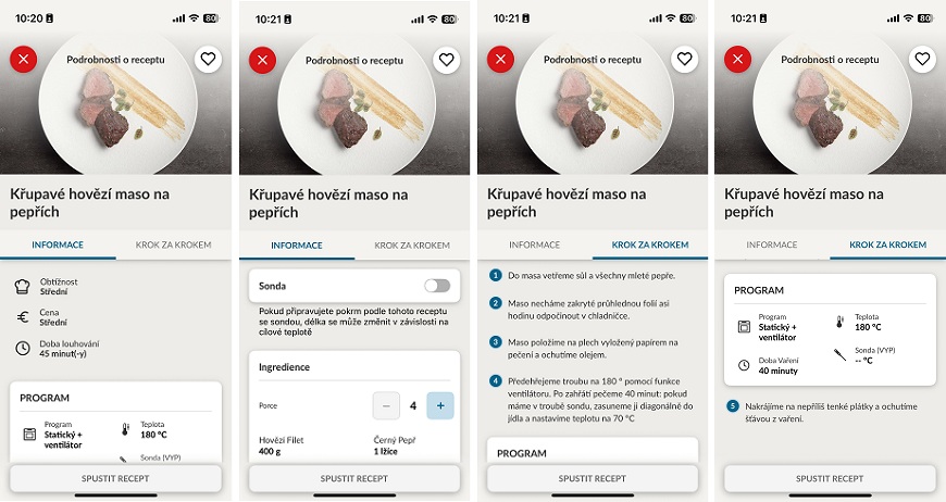 screenshoty z aplikace hon, kde je recept na hovězí na pepři