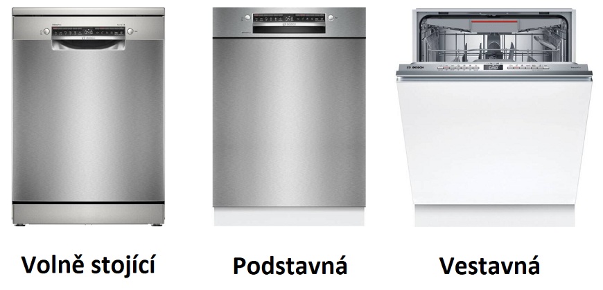 3 různé modely myček Bosch – vestavná, volně stojící a podstavná