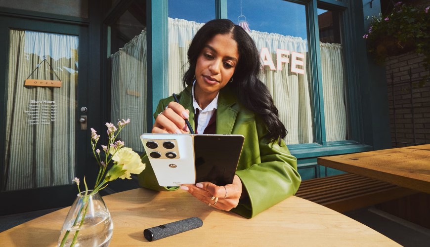 Tajná novinka odhalena! Motorola Razr Fold bude ostře soupeřit se Samsungem Z Fold7. Líbí se vám? Žena pomocí Moto Pen Ultra pracuje na telefonu Motorola Razr Fold