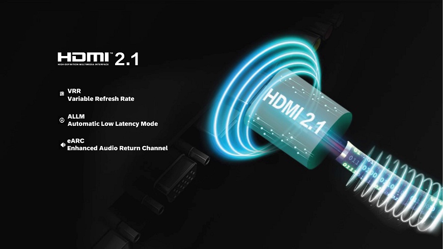 připojení hdmi 2.1, kolem kabelu jsou neonové modré kruhy pro znázornění rychlosti přenosu dat