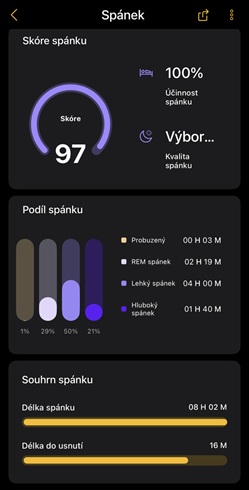 Recenze: Niceboy ONE Ultra – Chytrý prsten, co umí platit a vyplatí se ho mít po ruce Ukázka hodnot naměřených chytrým prstenem v aplikaci Niceboy ONE – Spánkové skóre