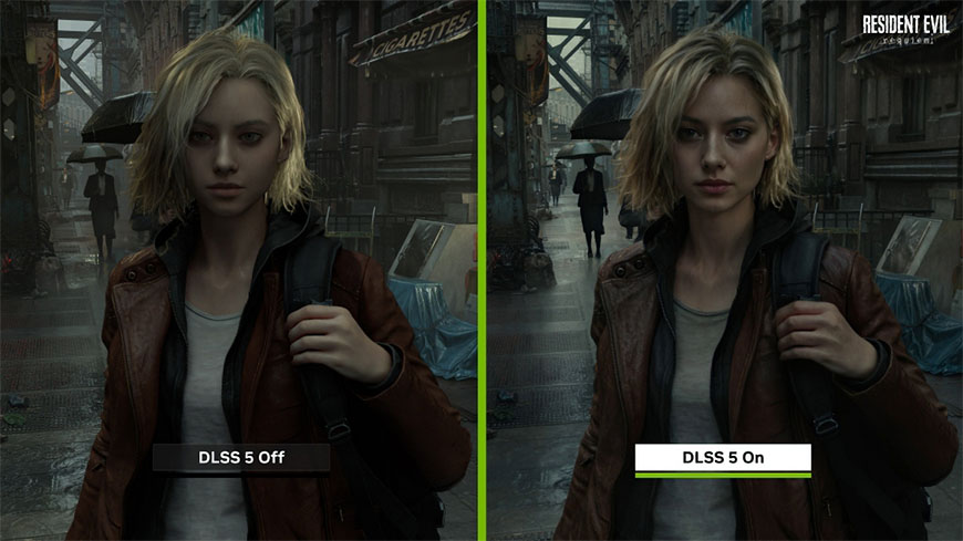 Technologie NVIDIA DLSS 5 posouvá vizuální kvalitu her o mílový krok dále Porovnávací náhled zapnutého a vypnutého DLSS 5 ve hře Resident Evil