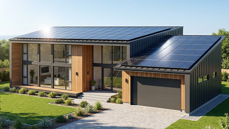 Ukázka projektu ILIOS – solární panely na střeše luxusního rodinného domu