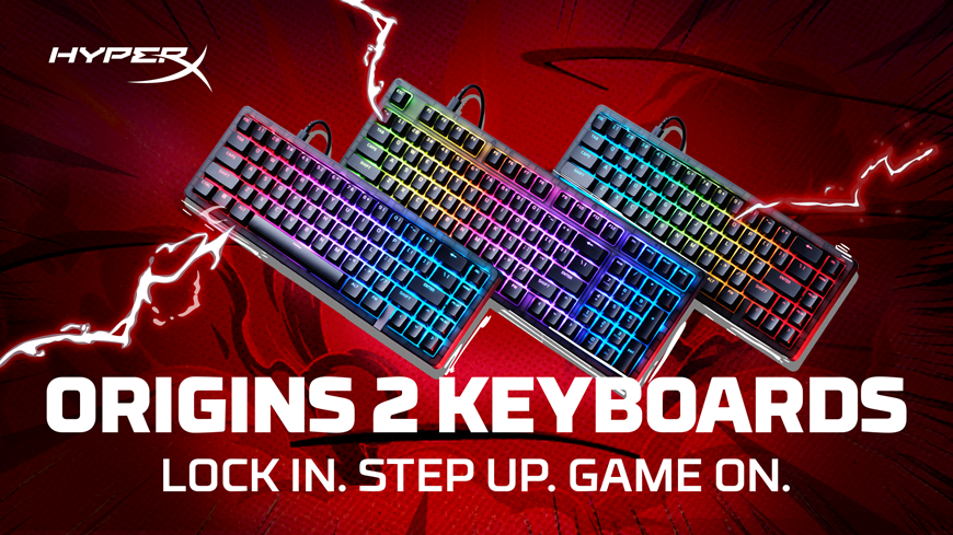 Nové herní klávesnice HyperX: tři RGB zbraně pro vítězství ve hře Tři herní klávesnice HyperX Origins 2 v levém horním rohu je logo HyperX, pod klávesnicemi je nápis „Origins 2 keyboards, Lock in. Step up. Game on.“