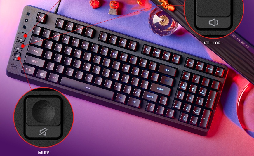Nové herní klávesnice HyperX: tři RGB zbraně pro vítězství ve hře Klávesnice HyperX Eve 1800 leží na stole, v kroužku dole je detail multimediálního tlačítka pro vypnutí zvuku, vpravo nahoře je v kroužku detail tlačítka pro snížení hlasitosti zvuku
