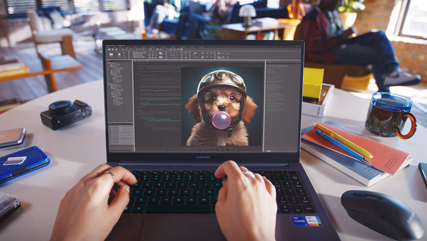 pohled na notebook se psem na obrazovce s SSD Samsung 9100 PRO