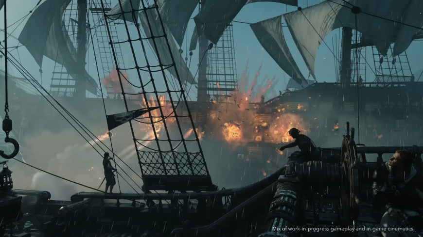 Assassin’s Creed Black Flag Resynced: Naloď se znova pod pirátskou vlajku Námořní bitva, loď vepředu útočí na loď vzadu, která vybuchuje, screenshot z traileru na hru Assassin's Creed Black Flag Resynced