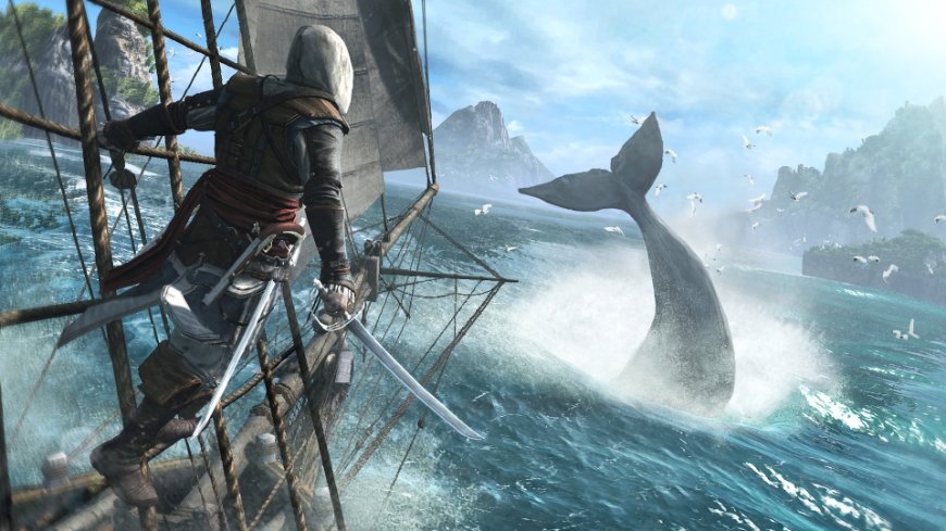 Assassin’s Creed Black Flag Resynced: Naloď se znova pod pirátskou vlajku Edward Kenway v asasínském oděvu drží v ruce šavli a stojí na ráhně lodi a vyklání se, na pozadí je moře s ocasem delfína, screenshot ze hry Assassin's Creed IV: Black Flag