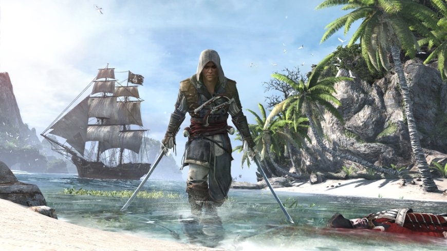 Assassin’s Creed Black Flag Resynced: Naloď se znova pod pirátskou vlajku Edward Kenway v asasínském oděvu drží v obour rukou meče a stojí na břehu moře, na pozadí je loď, screenshot z původní hry Assassin's Creed IV: Black Flag