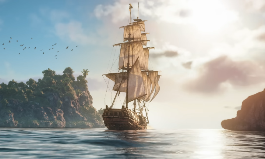 Assassin’s Creed Black Flag Resynced: Naloď se znova pod pirátskou vlajku Loď Jackdaw vyplouvá na moře ozářené sluncem, screenshot z traileru na hru Assassin's Creed Black Flag Resynced