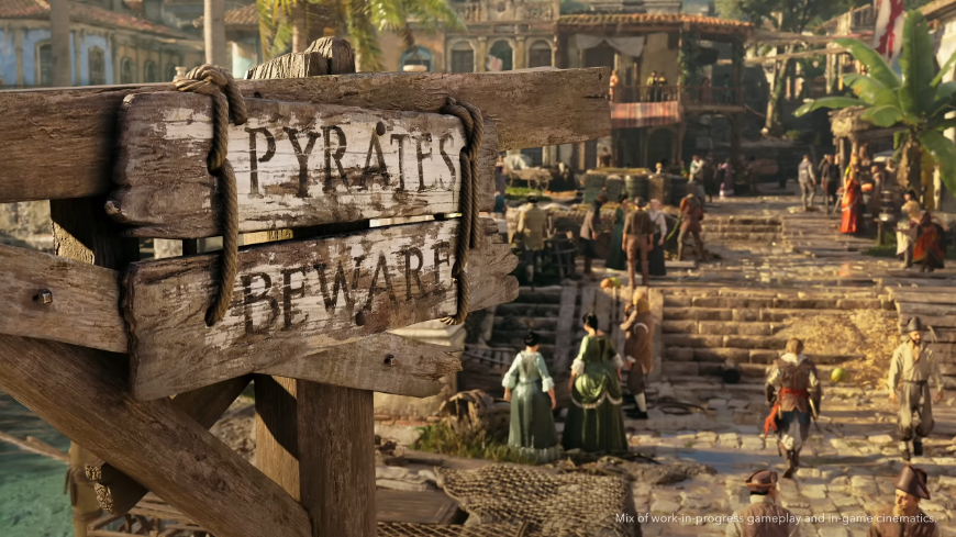 Assassin’s Creed Black Flag Resynced: Naloď se znova pod pirátskou vlajku Cedule s nápisem Pyrates Beware na kraji města, screenshot z traileru na hru Assassin's Creed Black FLag Resynced