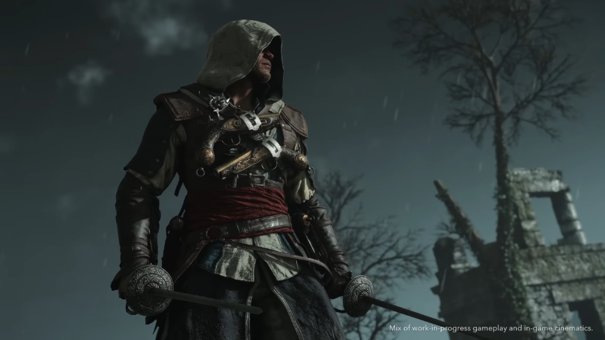 Assassin’s Creed Black Flag Resynced: Naloď se znova pod pirátskou vlajku Edward Kenway v asasínském oděvu na pozadí ruin, screenshot z traileru na Assassin's Creed Black Flag Resynced