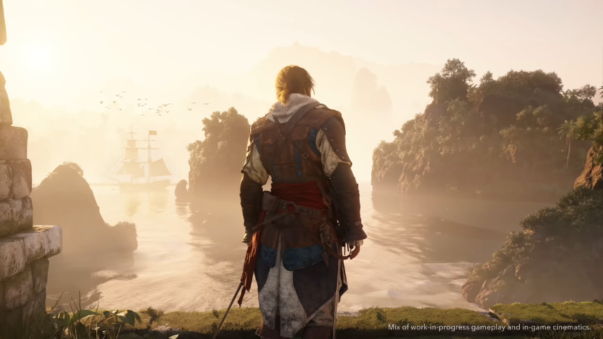 Assassin’s Creed Black Flag Resynced: Naloď se znova pod pirátskou vlajku Edward Kenway stojí na skále a dívá se na moře, na němž pluje loď, screenshot z traileru na hru Assassin's Creed Black Flag Resynced
